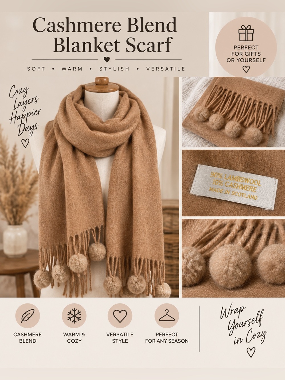 Camel Wool Blend Fringe Pom Pom Blanket Scarf 70” x 26” (10% Cashmere)